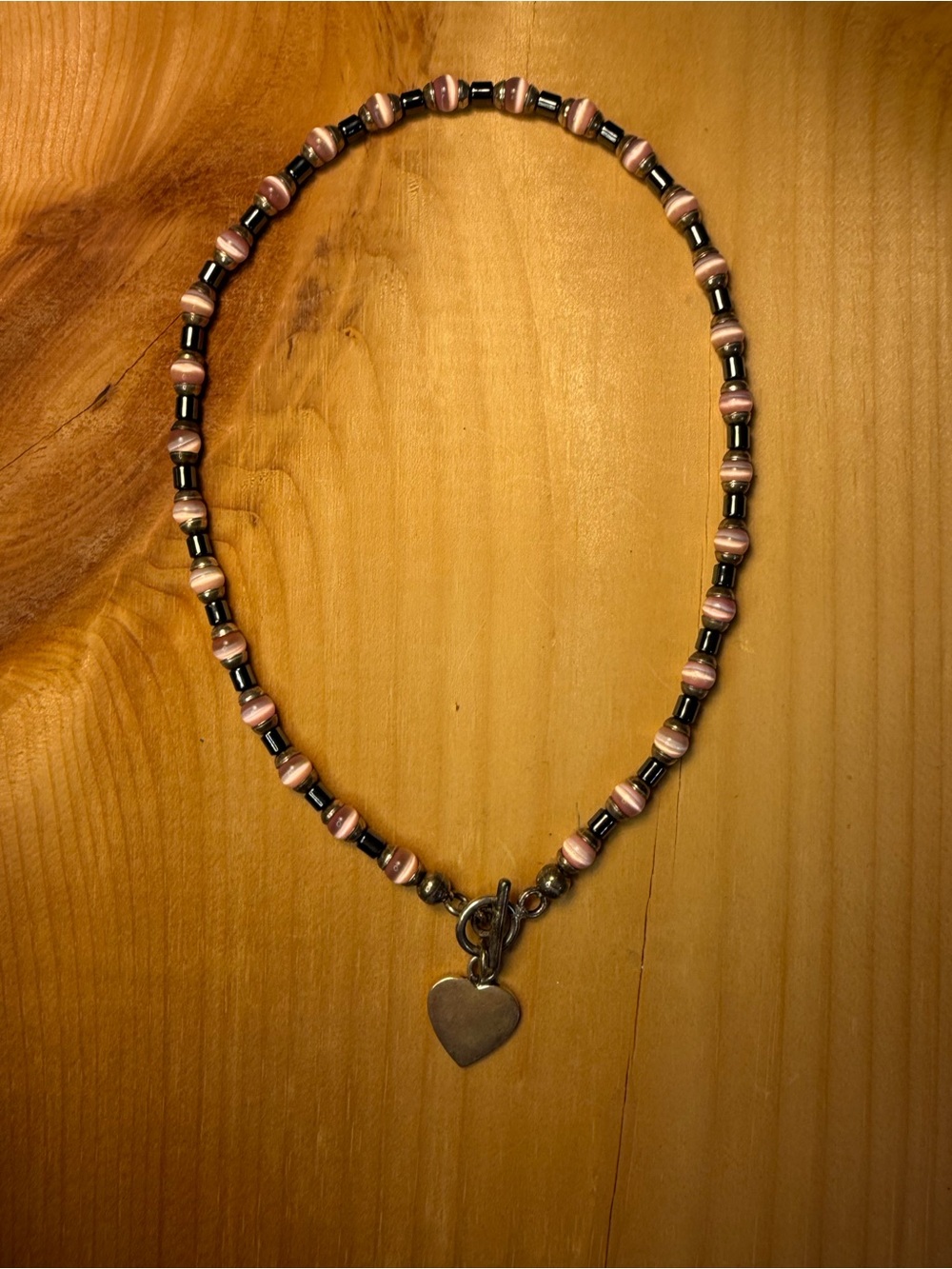 Pink Beaded Heart Charm Necklace sterling silver loop closure - Women Jewelry
